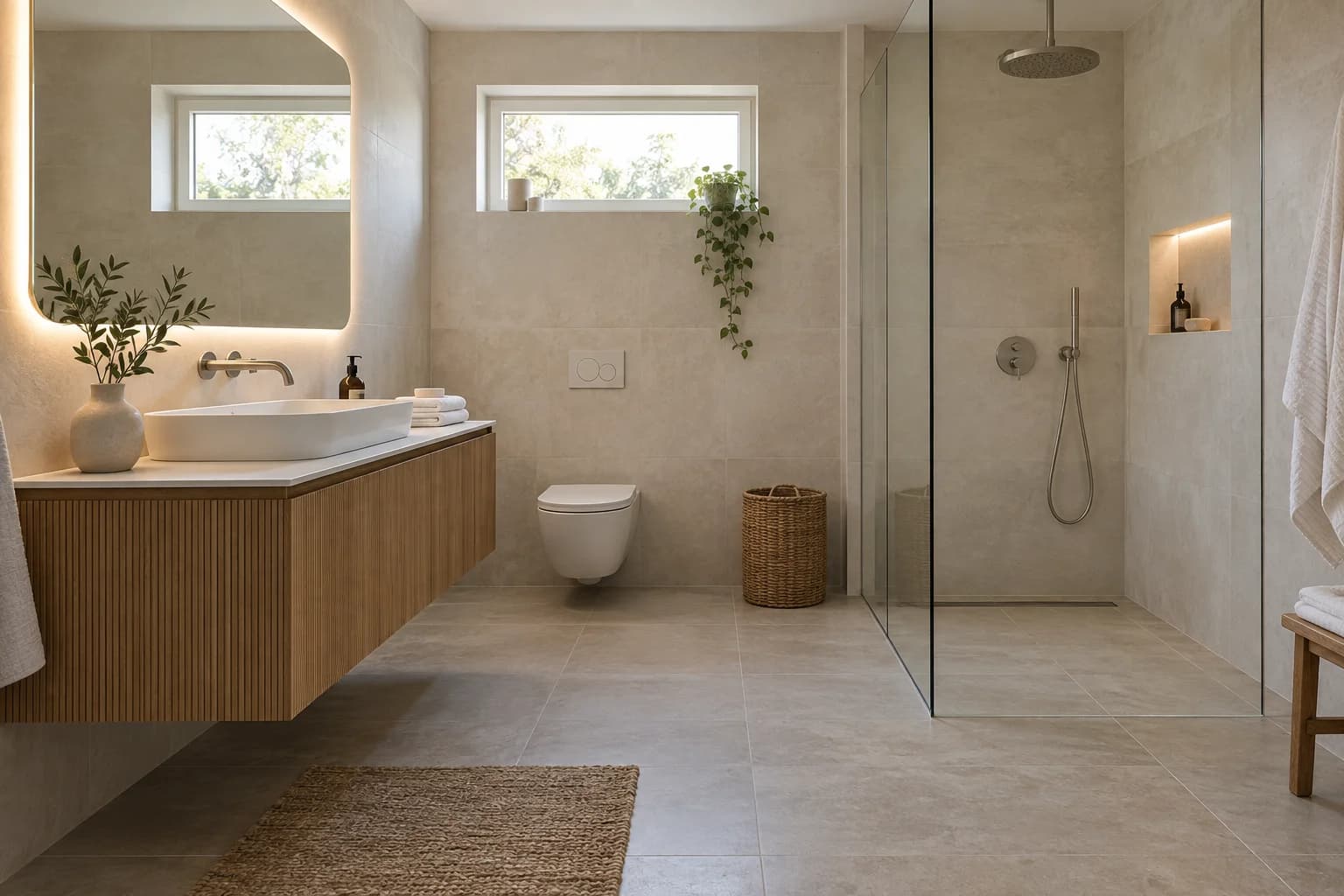 Badinspiration mit Eichenwaschtisch, hellen Natursteinfliesen und bodengleicher Dusche